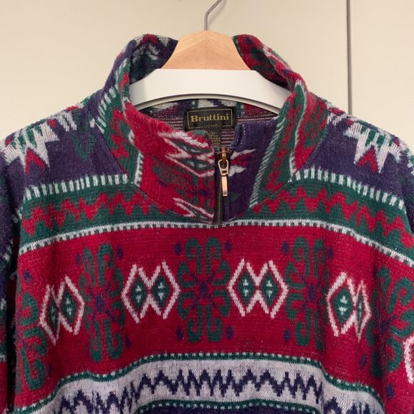 90s Vintage Bruttini Uomo Men's Geometric Mock Neck 3/4 Zip Fleece Sz Large - Picture 9 of 17